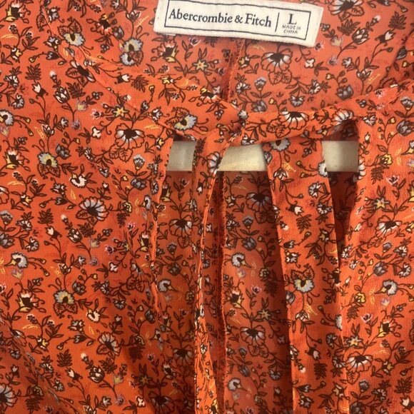 Abercrombie Womens Top Blouse Rusty Orange Floral Size L Long Sleeve Tie Front - Picture 2 of 10